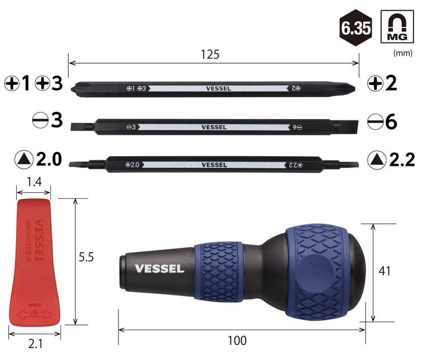 Vessel 220W-BC3B 多功能螺絲起子 7 合 1 球形握把 藍色 - 非常適合家庭使用