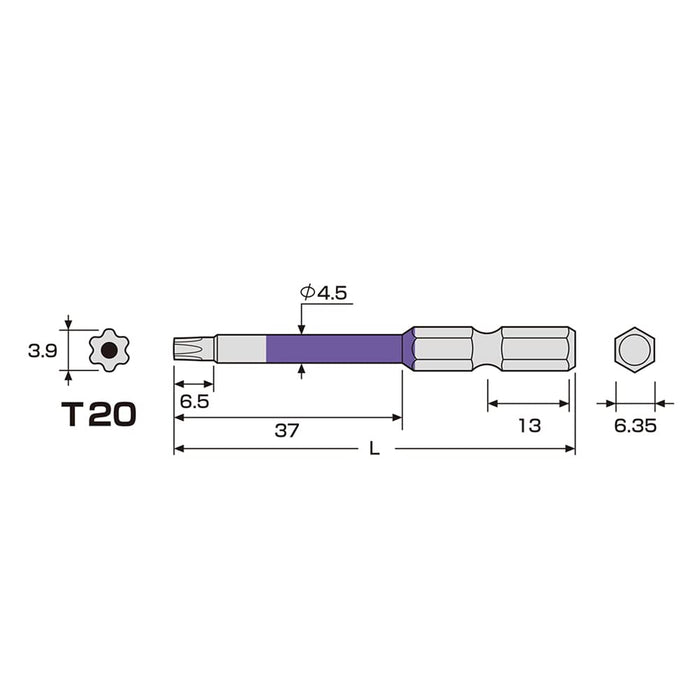 Anex T20X65 Single Head Hexlobe Tool - Color Bit with Hole ACTX-2065