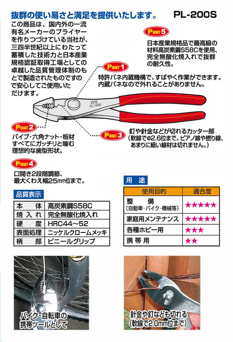 Igarashi Plyer 200mm Combination Pliers with Spring Made in Japan Model PL-200S