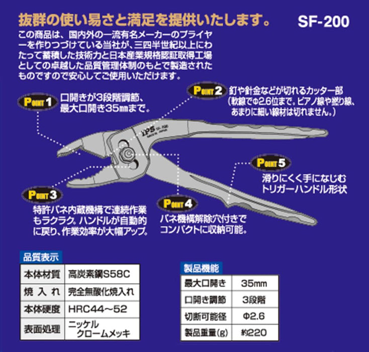 Igarashi Plyer Toji Pla 扳机滚花 200 毫米日本制造 SF-200