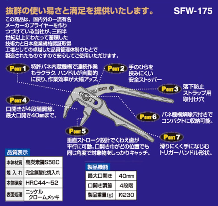 Igarashi Plyer 175 毫米 Toji Pla 扳机水滚花 SFW-175 日本制造