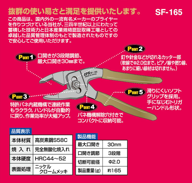 Igarashi Plyer Toji 塑料扳机 165 毫米 SF-165G Tsubame Sanjo 日本制造