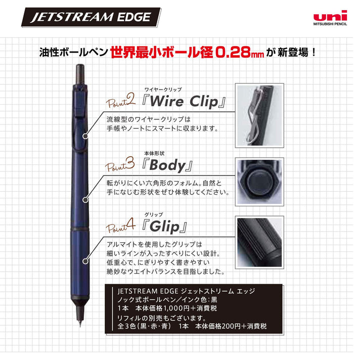 Mitsubishi Pencil Jet Stream Edge 0.28 Oil-Based Navy Ballpoint Pen - Extra Fine Easy to Write