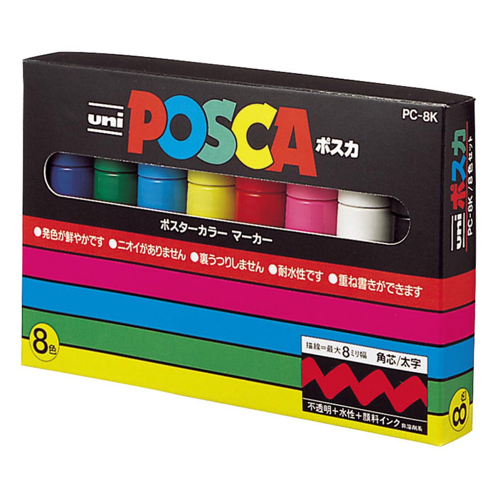 三菱铅笔 8 色水性 Posca 笔，带粗方形铅芯 Pc8K8C