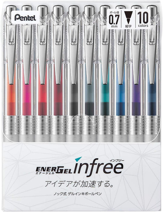 Pentel EnerGel Infree 0.7mm Gel Ink Ballpoint Pen 10 Colors Pack