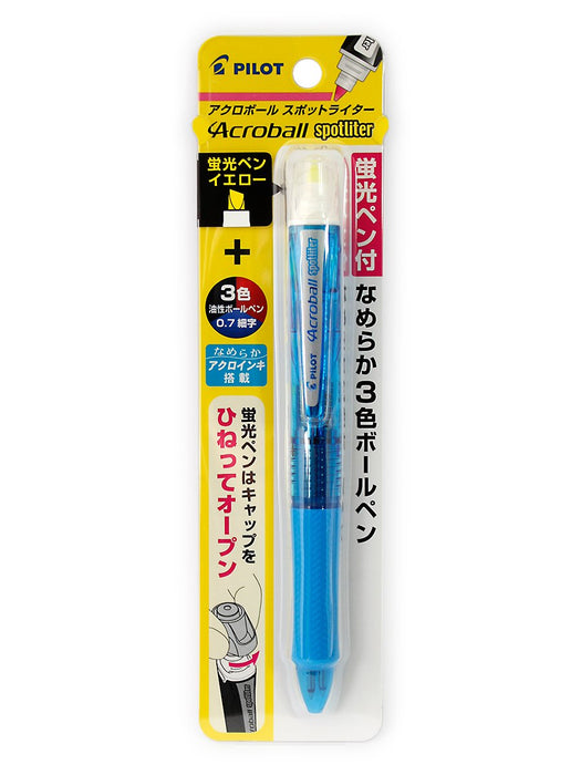 Pilot 3 Color Acro Ballpoint Pen with Yellow Highlighter Black/Red/Blue Ink Soft Blue Body