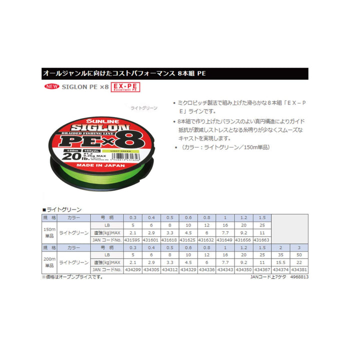 Sunline Sigron Pex8 200M 浅绿色 0.8 12 磅编织钓鱼线