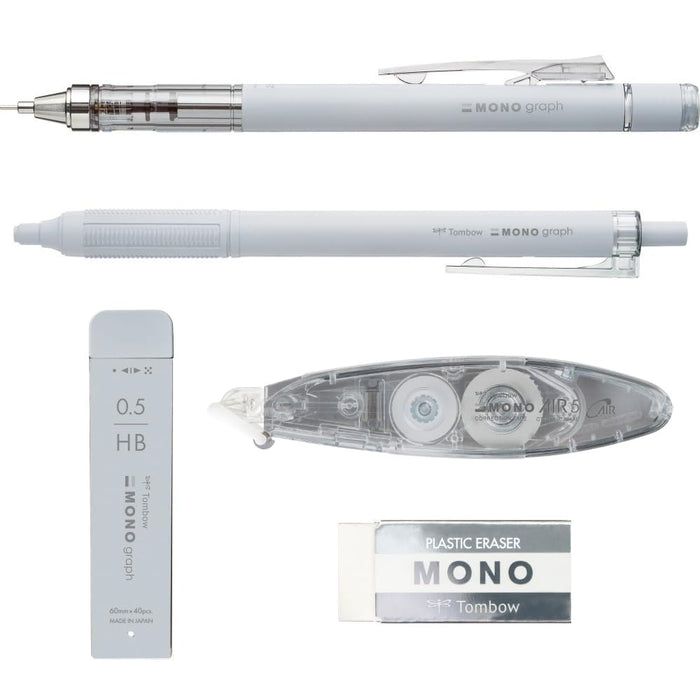 Tombow Grayscale Light Gray 5-Piece Stationery Set – Pencil Pen Eraser Lead and Correction Tape