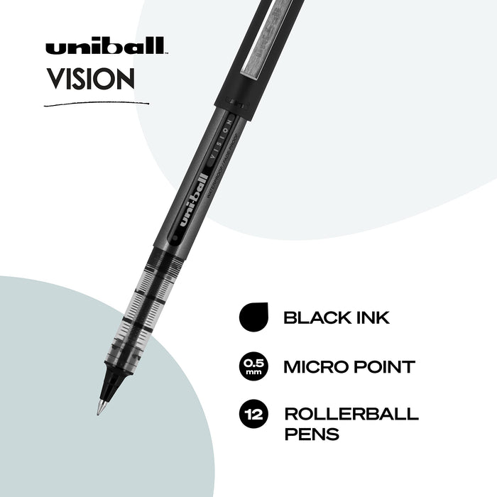 Mitsubishi Pencil Uni-Ball Vision Micro Black Ink Waterproof Rollerball Pen Pack of 12