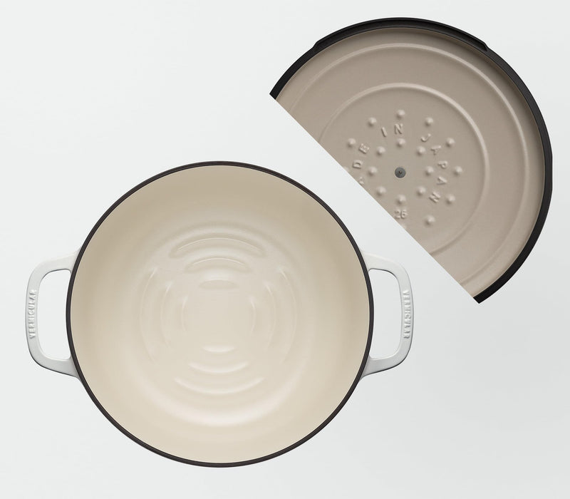 Vermicular 26cm Cast Iron Enamel Pot Sea Salt White with Recipe Book