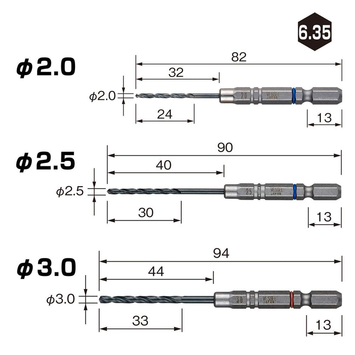 Vessel AMD3S-1 铁艺垫钻套装 3 件套，带 2.0 2.5 3.0 毫米钻头