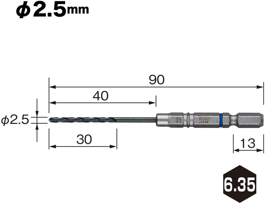 Vessel Metalwork Cushion Drill Set 6pc 2.5mm Bit AMD6P-2.5 Blue Ring