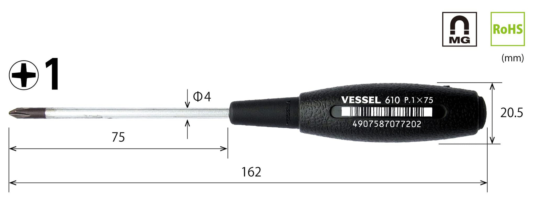 Vessel Cushion Grip Driver Thin Shaft Type +1x75 610 Series by Vessel