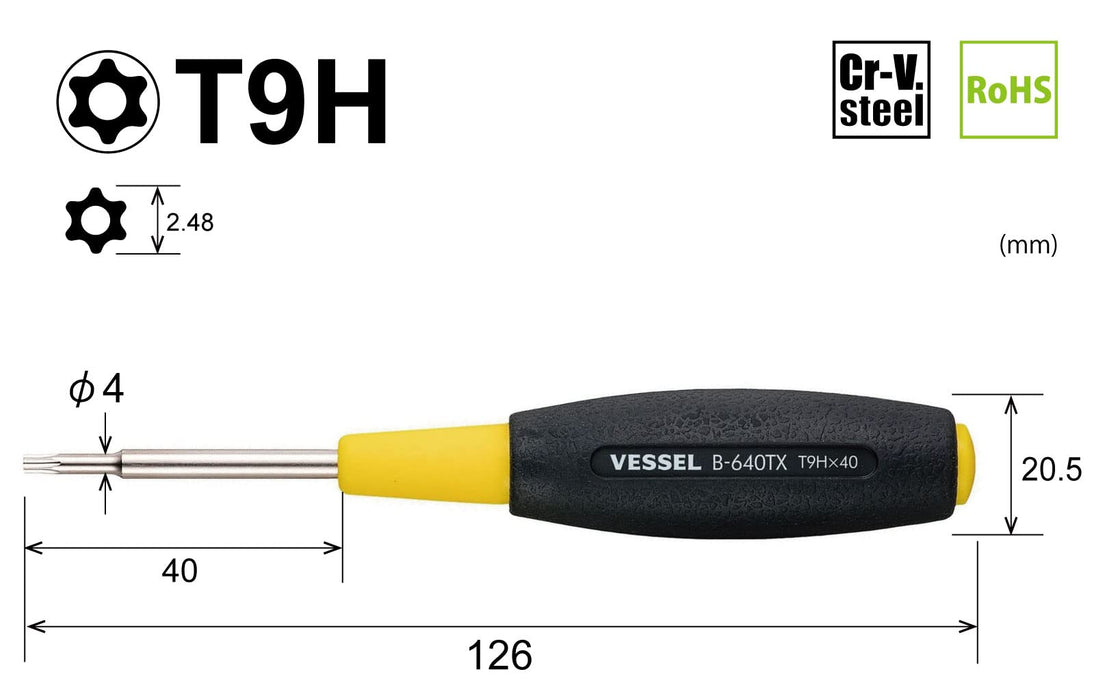 Vessel Cushion Grip T9H Torx Screwdriver 40 B-640Tx Tamper-Proof Vessel