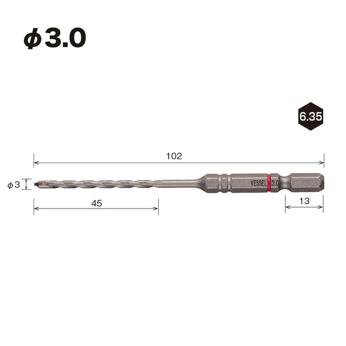 Vessel Porcelain Tile Drill Bit 3.0mm - Vessel APD-3.0 Efficient Drilling