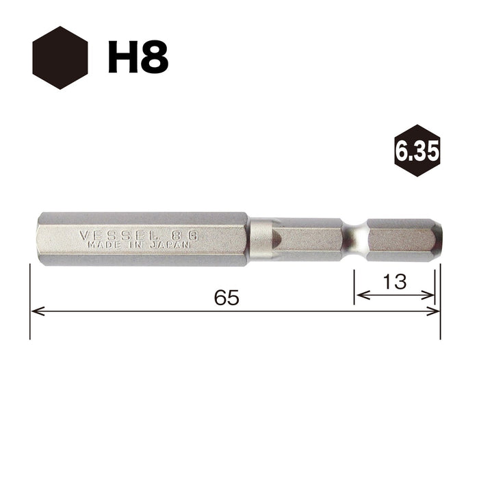 Vessel Hex Bit 8x65mm Width Across Flats - Vessel SM16H080 Tool