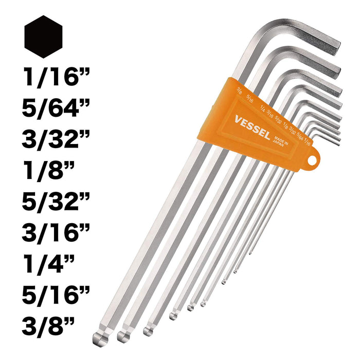 Vessel 9-Piece Long Type Hexagonal Bar Ball Point L Wrench Set - 8309Bp-Lin