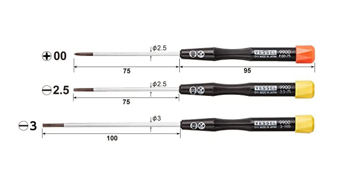 Vessel Micro Precision Screwdriver Set of 3 Sizes +00/-2.5/-3 9903 Series