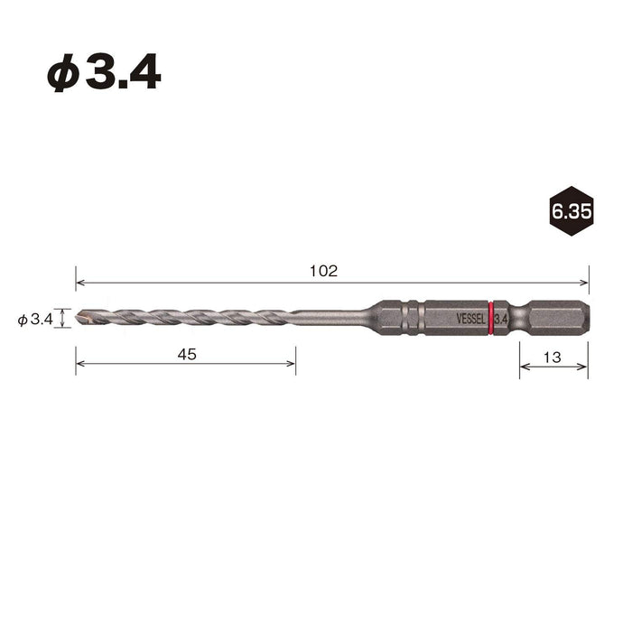 Vessel Porcelain Tile Drill Bit Set - 3.4mm Diameter Set of 3 APD3S-3.4 Vessel