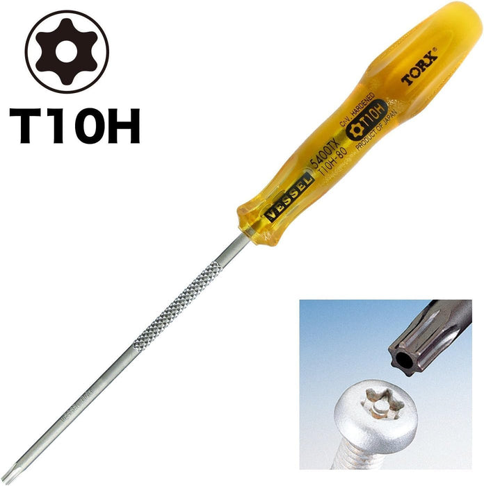 Vessel Power Grip T10H Torx Screwdriver - 80mm Tamper-Proof - B-5400Tx Model