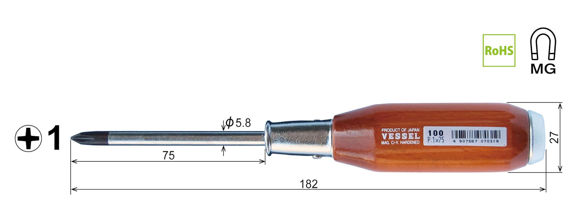 Vessel Powerful Penetrating Driver with Wooden Handle +1x75 100V