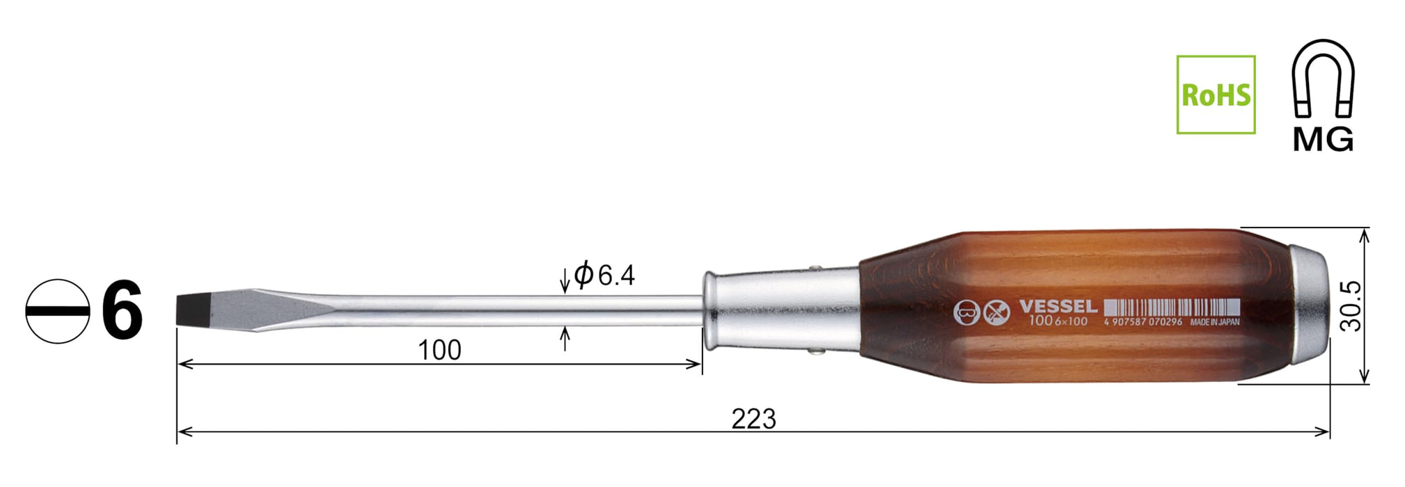 Vessel 100V 强力螺丝刀，带木柄 6x100 - Vessel 强力穿透工具