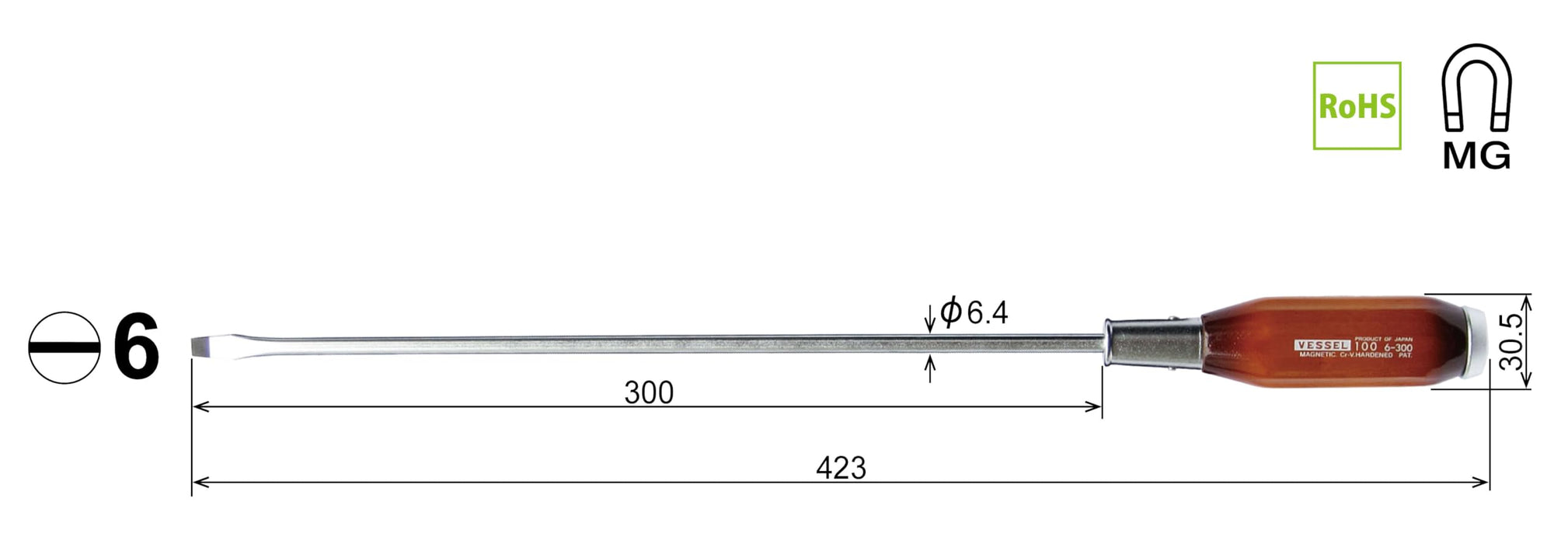 船用長軸型螺絲起子 - 6x300 強力穿透木柄