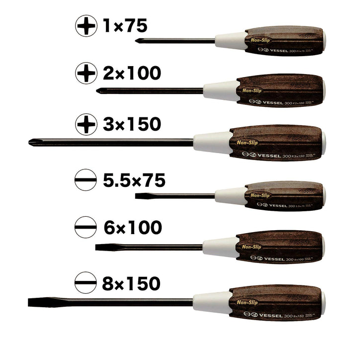 Vessel Set of 6 3006Cs Anti-Slip Wood Compo Handle Screwdriver Made in Japan