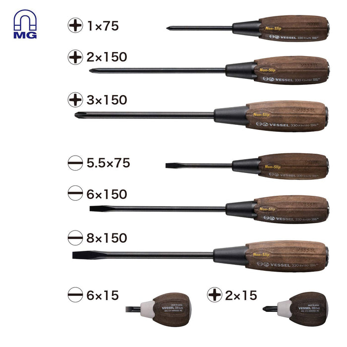 Vessel 8pc Wood-Compo Non-Slip Tang-Thru Screwdriver Set 3308Eva