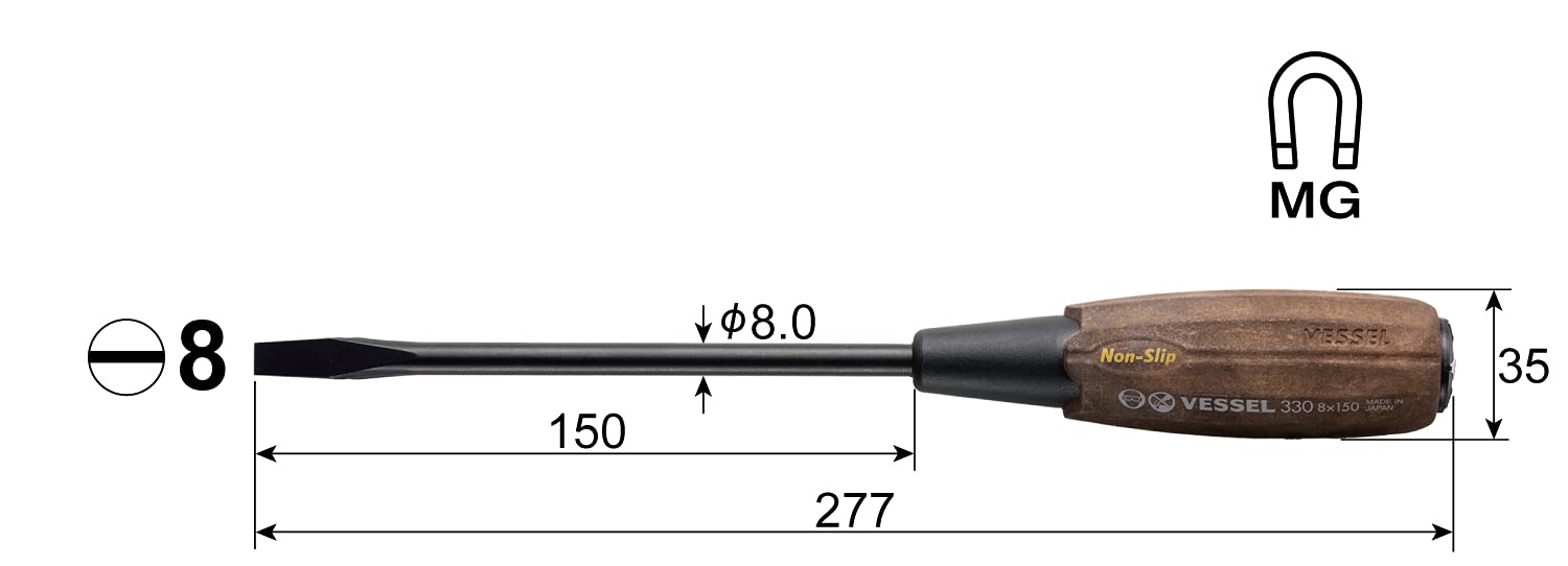 Vessel Woody 穿透式驱动器，带防滑手柄 8x150 尺寸 - B-330 系列