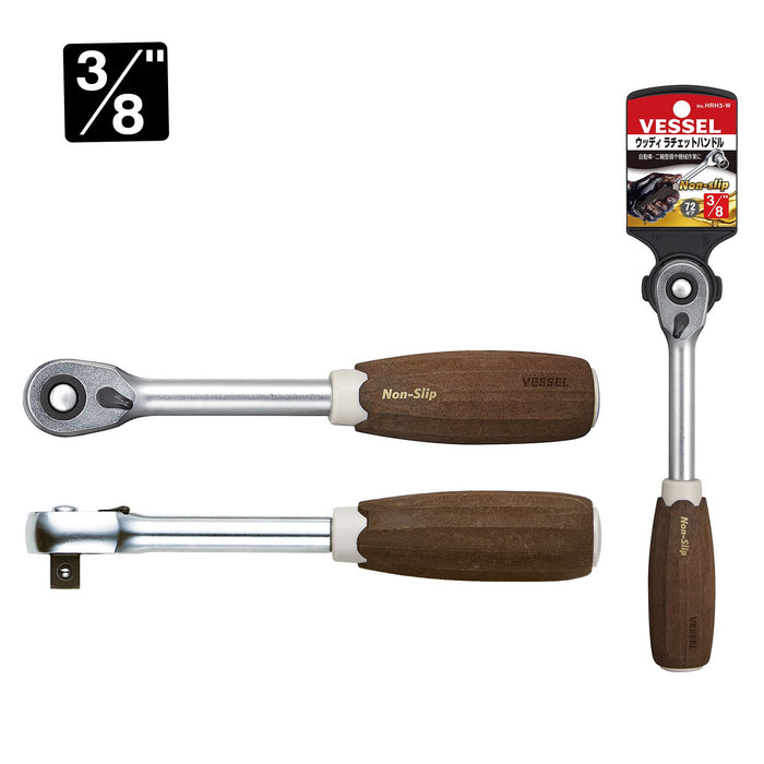 Vessel Woody Ratchet Drive Handle Non-Slip Grip 3/8 Inch (9.5mm) HRH3-W