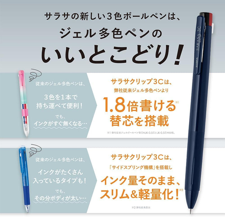 Zebra Sarasa Clip 3-Color Ballpoint Pen 0.4mm with Refills Black Barrel