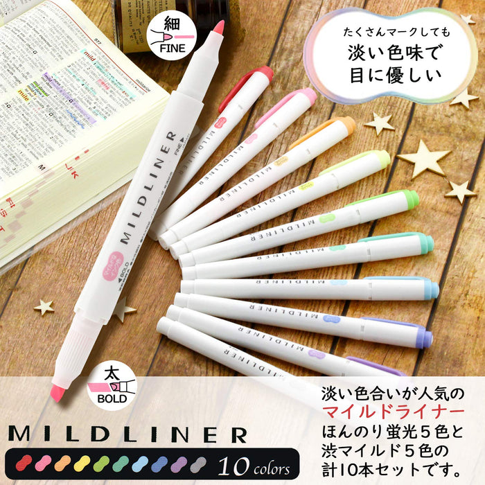 Zebra Mild Liner Highlighter Set 10 Vibrant Colors - Wkt7-10C