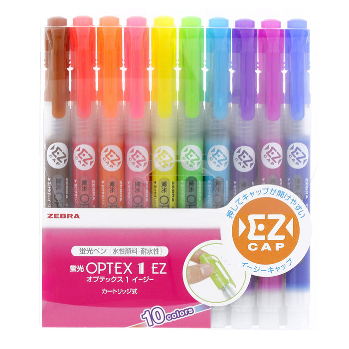 Zebra Optex 1 EZ Highlighter Set - 10 Vivid Colors Including Red Purple Blue Green and More