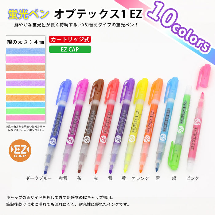 Zebra Optex 1 EZ Highlighter Set - 10 Vivid Colors Including Red Purple Blue Green and More