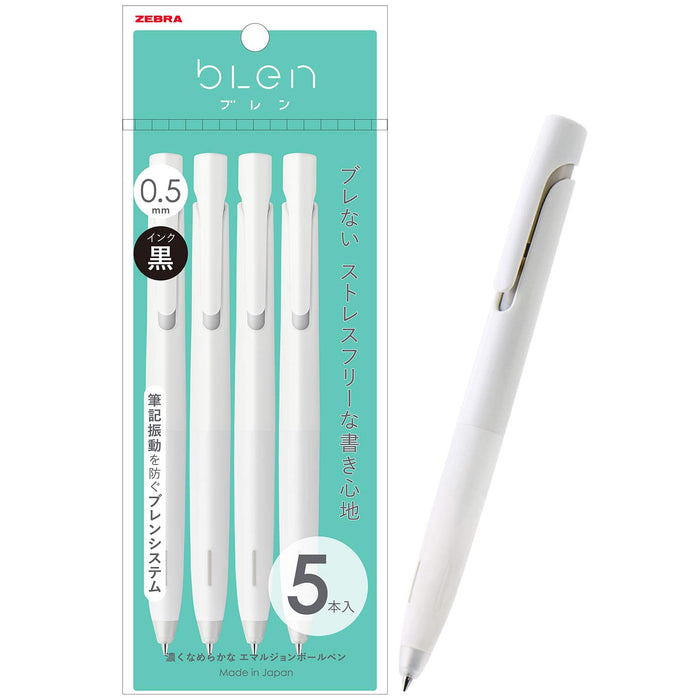 Zebra Oil-Based Set of 5 Black Ink Ballpoint Pens with 0.5mm White Barrel