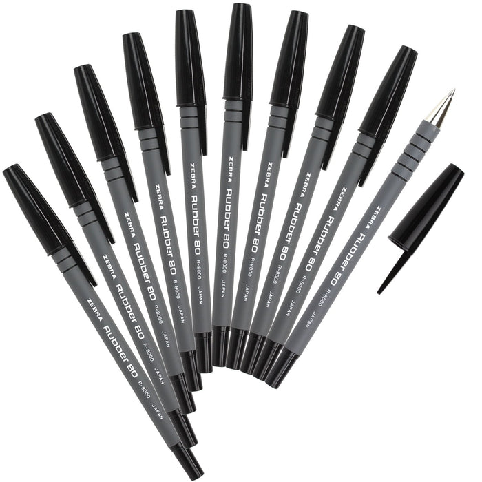 Zebra 10-Pack Black Oil-Based Ballpoint Pens BR-8000-BK - Rubber 80 Series