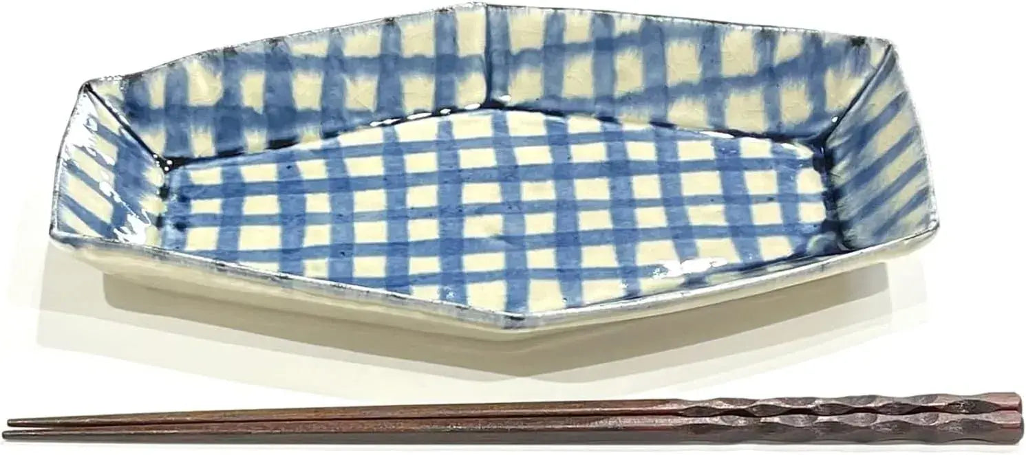Nishitomi Hand Painted Blue Checker Hexagonal Plate