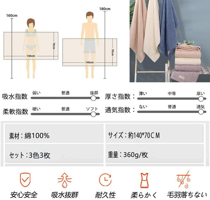 Tmvok 3-Piece Bath Towel Set - Scandinavian Style 100% Cotton - Quick Dry 70X140Cm - Home Hotels Sports All Seasons (Light Gray Beige Blue)-Kiichin - The #1 Place for Japanese Goods in Your Hand!