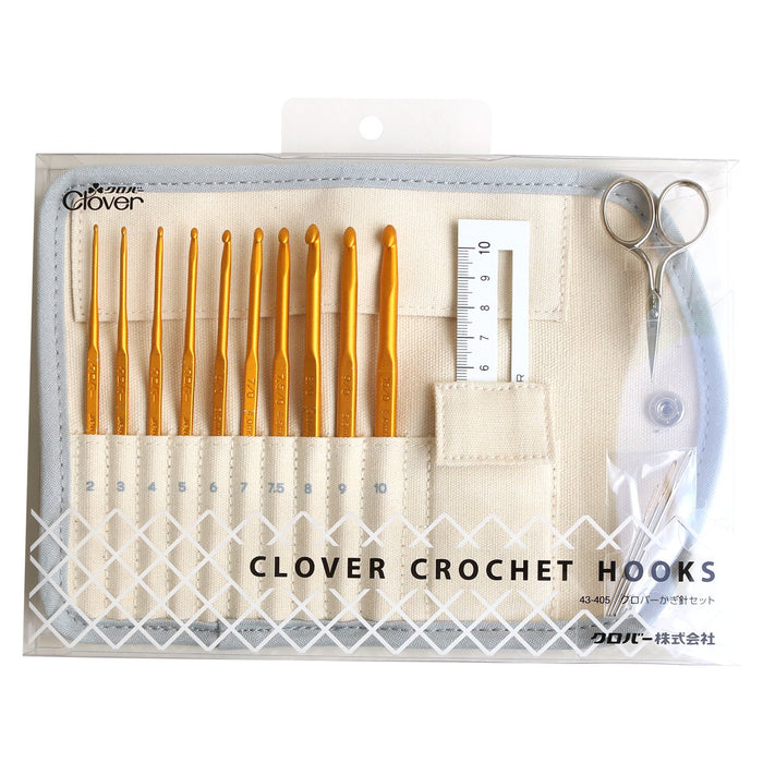 Clover Japan Crochet Hook Set - 10 Hooks, 3 Staples, Mini Scissors, Knit Gauge Case