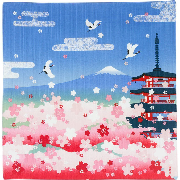 Hama Pattern Furoshiki 50Cm Sakura Five-Storied Pagoda Mt. Fuji Blue - Authentic Japanese Design