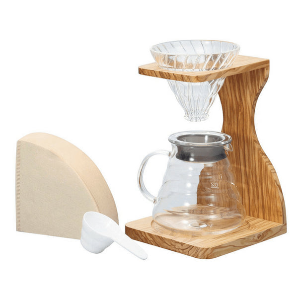 Hario V60 Olive Wood Stand & Heat Resistant Glass Coffee Server 02 Set - Premium Quality Coffee Brewing Set