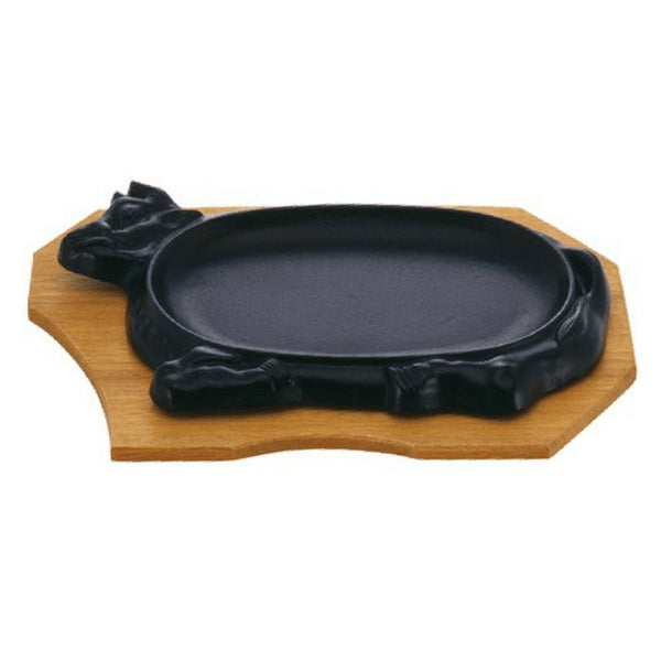 Ikenaga Cow Shaped Sizzle Platter with Wood Base - Premium Cast Iron Cookware