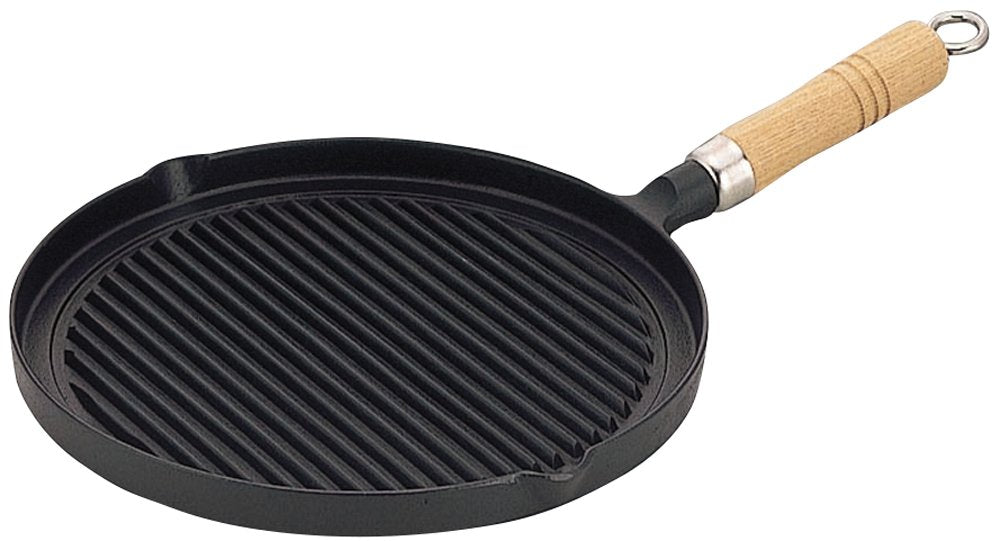 Ikenaga Iron Works 26.4cm Cast Iron Grill Pan with Japanese Wooden Handle