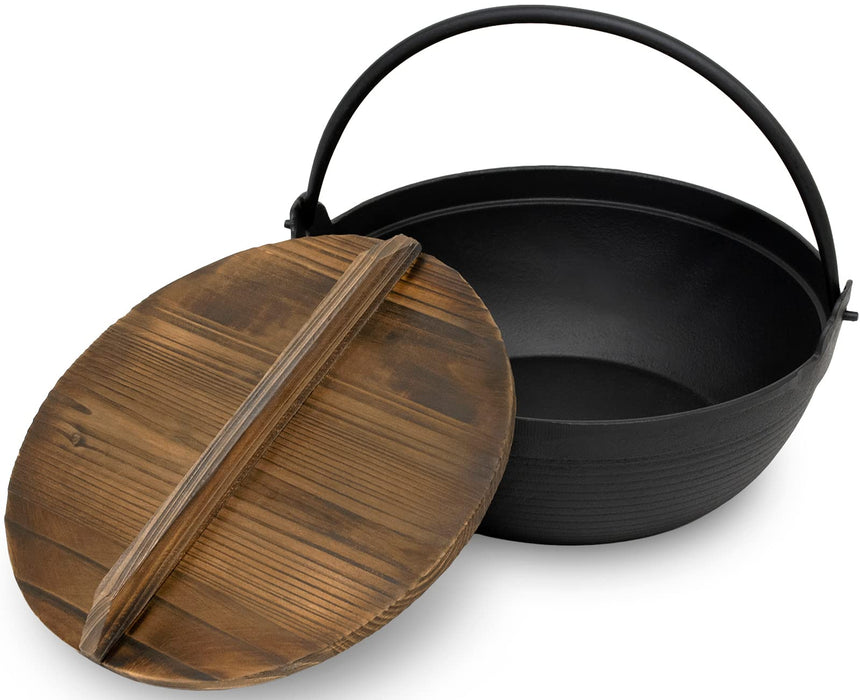 Ikenaga Iron Works 24Cm Tekko Iron Pot with Wooden Lid - IH Compatible for 2-3 People