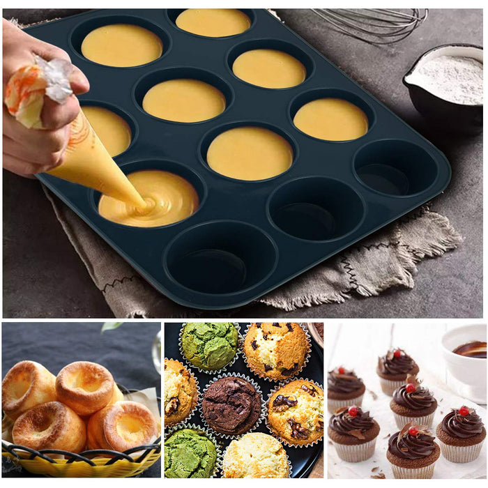 Super Kitchen 12-Cavity Large Non-Stick Silicone Muffin Mold Pan - Easy To Clean Gray