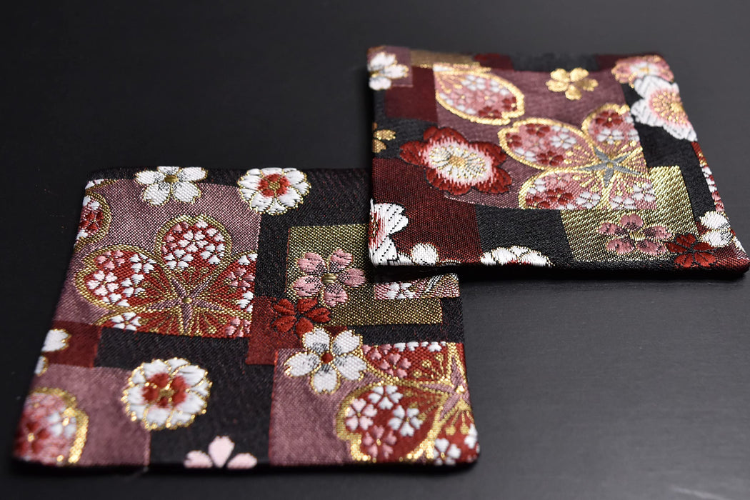 Shinsendo Japanese Kimono Coaster Set (Red Cherry Blossom) - Elegant Gift in Gold Box