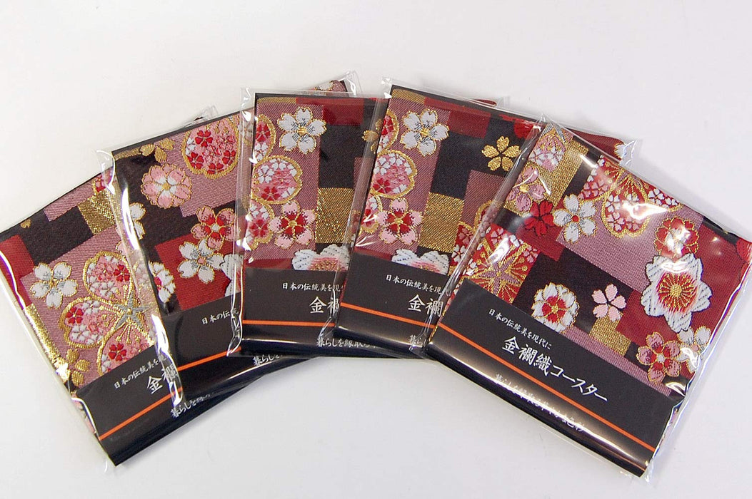 Shinsendo Japanese Kimono Coaster Set (Red Cherry Blossom) - Elegant Gift in Gold Box