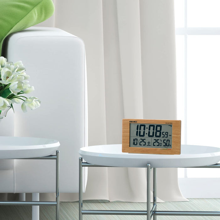 Seiko Clock Digital Alarm Table Clock with Radio Wave, Calendar, Temp & Humidity Display - Light Brown Wood Grain Sq784A