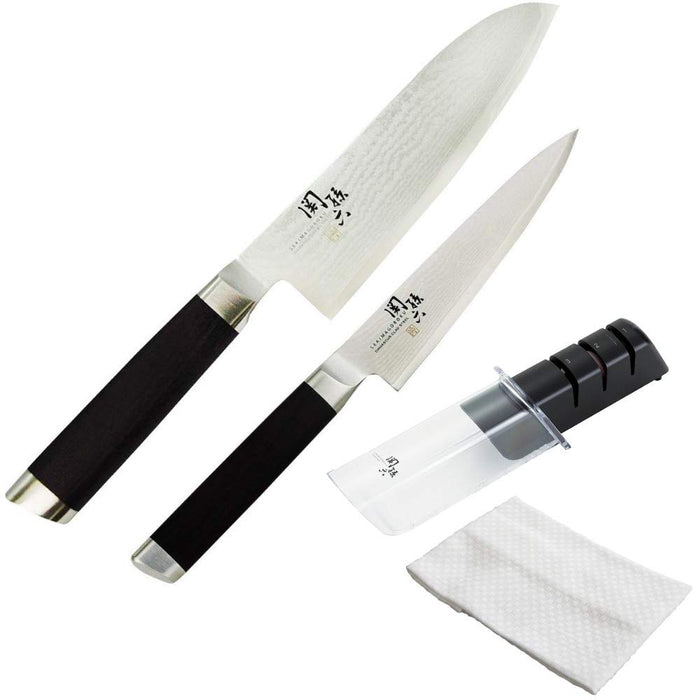 Kai Seki Magoroku Damascus Santoku Knife Set: Ae-5200 Ae-5202 Ap-0308 + Petty Knife + Sharpener + Dishcloth